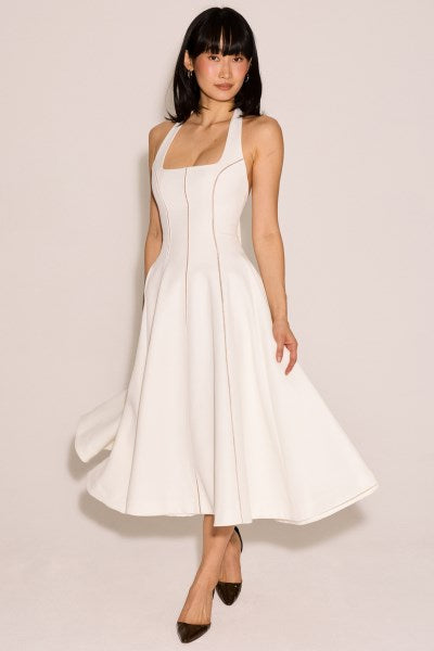 Loulou Ivory Halter Neck Midi Dress