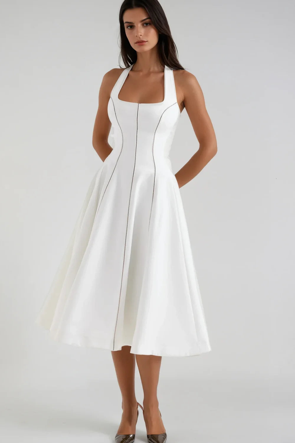 Loulou Ivory Halter Neck Midi Dress
